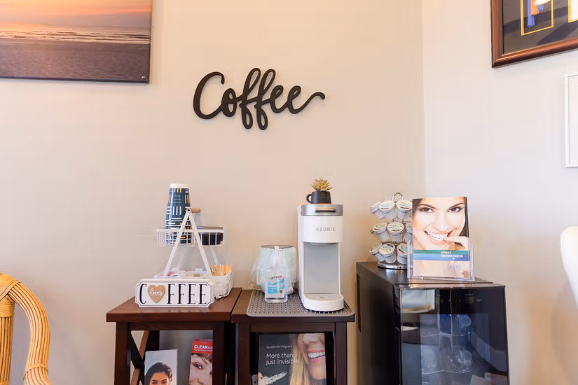 Coffee station in The Pampered Tooth waiting area.